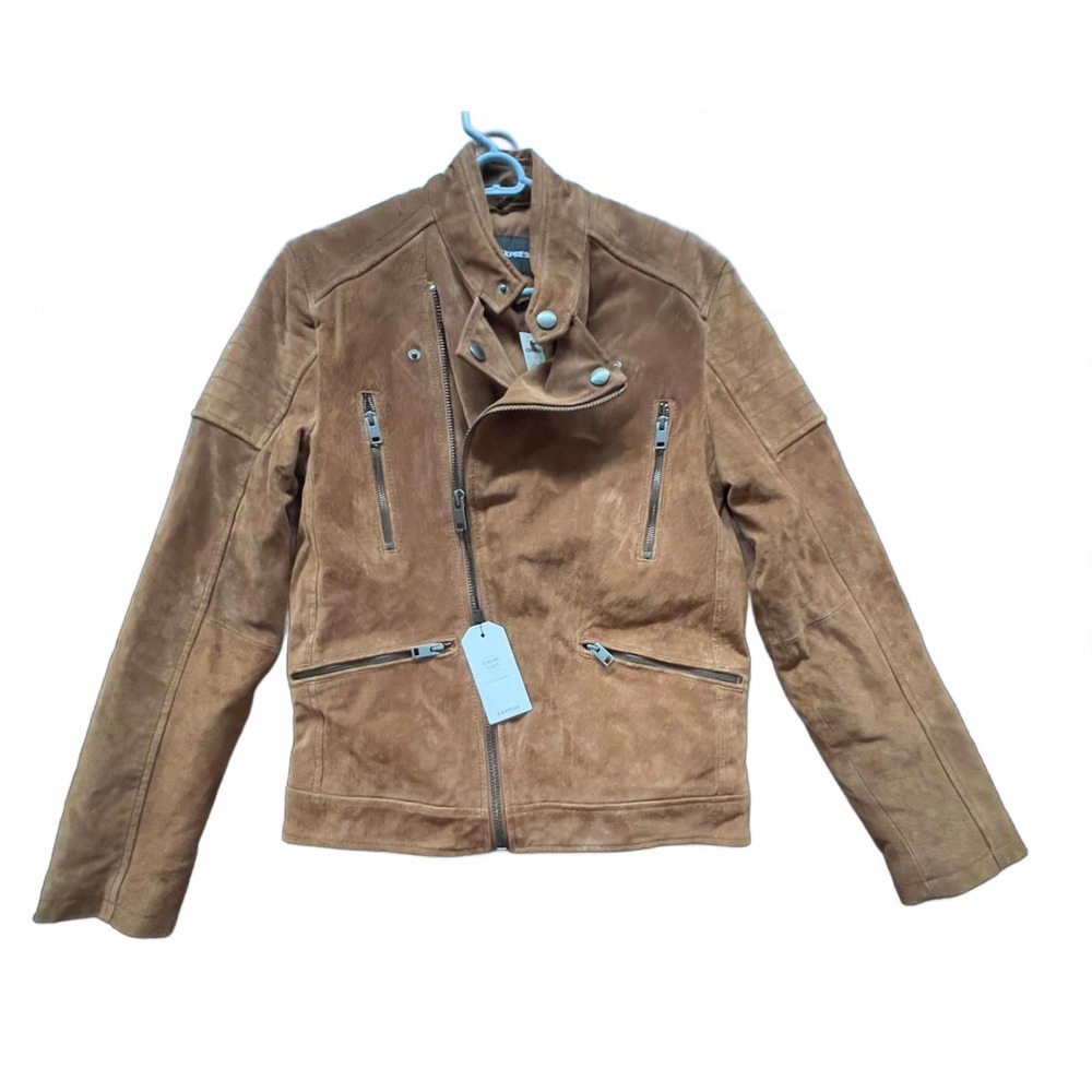 Express NEW Y2K Mens Genuine Suede Caramel Brown Moto Jacket XS